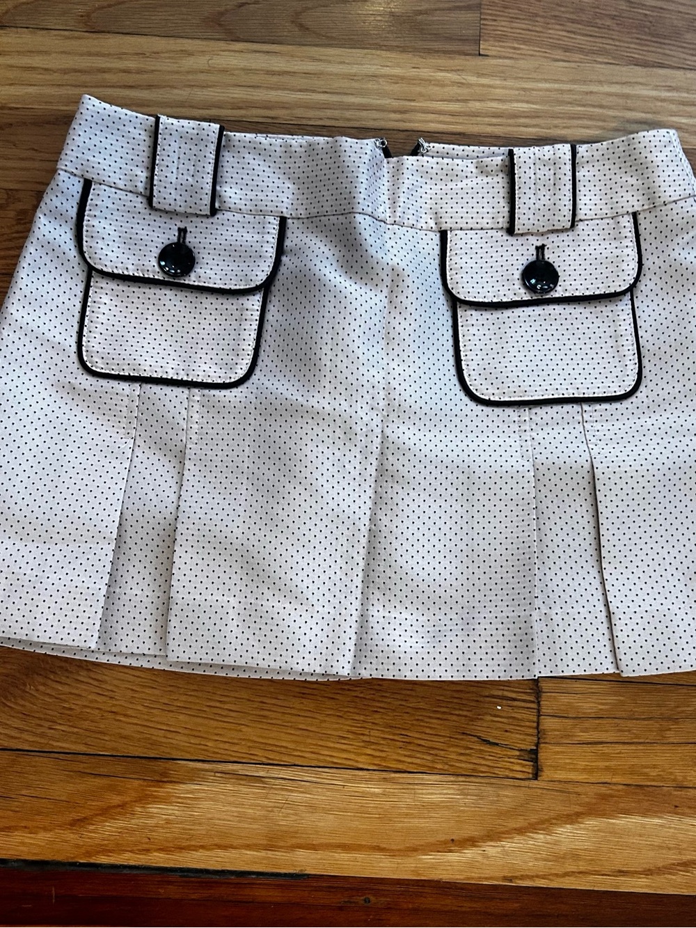 Bebe Pink Blush Mini Skirt with Black Polka Dots & Contrast Trim, very Modern
